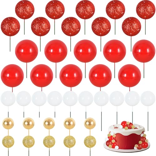 40 pcs Foam Ball Shaped Cake Toppers with Sticks Perfect for Birthday Party Baby Shower Christmas Party Decor Wedding Anniversary Chinese New Year (40 Count)