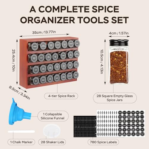 Bamboo Spice Rack Organizer with 28 Glass Spice Jars 4 oz Set Cherry Stain (28 Count)