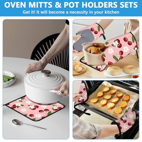 Cherry Oven Mitts and Pot Holders Sets Heat Resistant 4Pcs White Flower Potholders Oven Gloves Hot Pads for Kitchen Baking Cooking Grilling BBQ (4 Count)