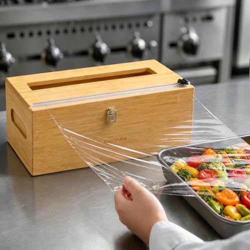 12 Inch Bamboo Plastic Wrap Dispenser with Cutter for Large Roll