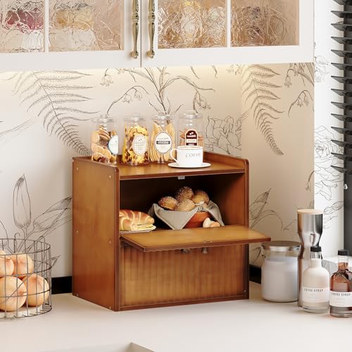 Rustic Bread Box for Kitchen Countertop Bamboo Bread Storage Container Bin Double Layer BreadBox Farmhouse Large Capacity Food Organizer