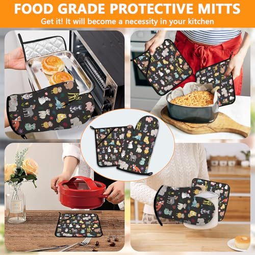Cute Animals Oven Mitts and Animal World Pot Holders Sets 4Pcs