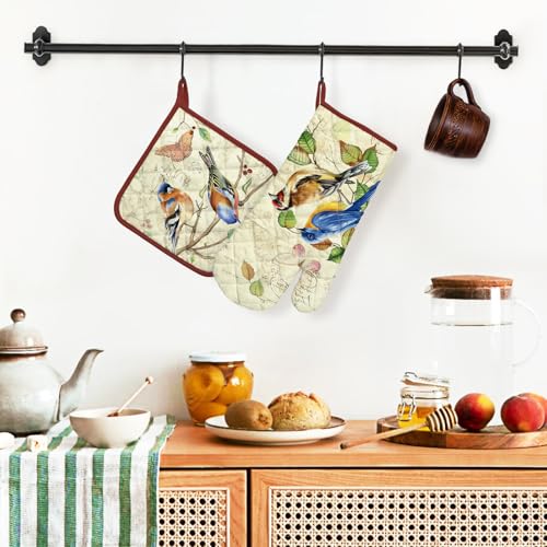 Vintage Bird Oven Mitts and Pot Holders Set