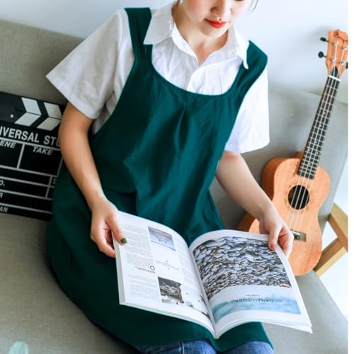 Japanese Cotton Cross Back Kitchen Cooking Aprons for Women with Pockets Cute for Baking Painting Gardening Cleaning Dark Green