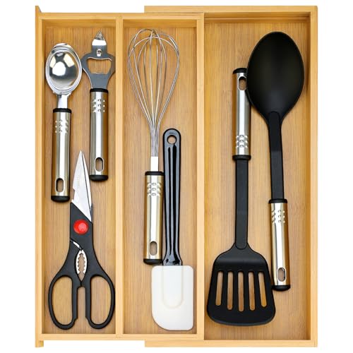 Large Bamboo Kitchen Utensil Drawer Organizer Expandable Silverware Tray