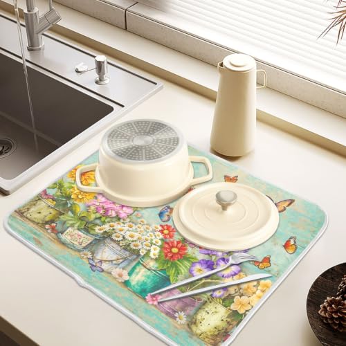 Spring Floral Butterfly Rustic Dish Drying Mat for Kitchen Counter Absorbent Microfiber Small Drying Pad Dish mats for Kitchen Countertops 16 x 18 Inch