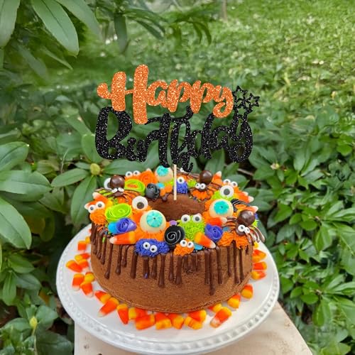 1Pcs Happy Birthday Cake Topper Glitter Happy Birthday Cake Pick for Halloween Baby Shower Theme Anniversary Party Cake Decorations Supplies Black Orange