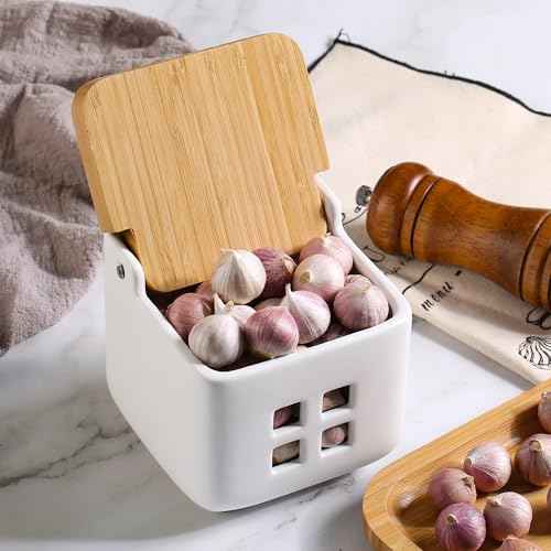 Ceramic Garlic Keeper with Bamboo Lid