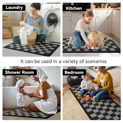 Kitchen Rugs Kitchen Mats for Floor Non Slip Black Checkered 17"x30" (3.55 Sq Ft)