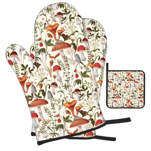 Boho Mushroom Decor Oven Mitts and Pot Holders Sets of 3 Hot Pads (3 Count)