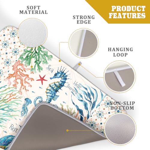 Nautical Coastal Dish Drying Mat Sea Turtle Seahorse Dish Drainer Pad 18"x24" Microfiber Reversible Fast Dry Pad for Kitchen Counter Decor