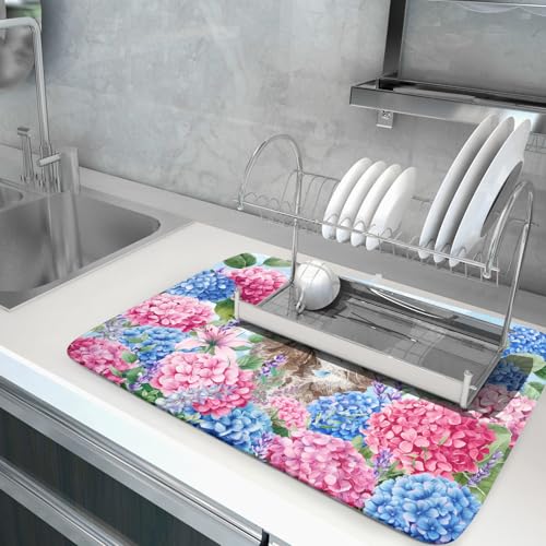 Cute Dish Drying Mats for Kitchen Counter Large 18 X 24 In（Spring Cat Blue）
