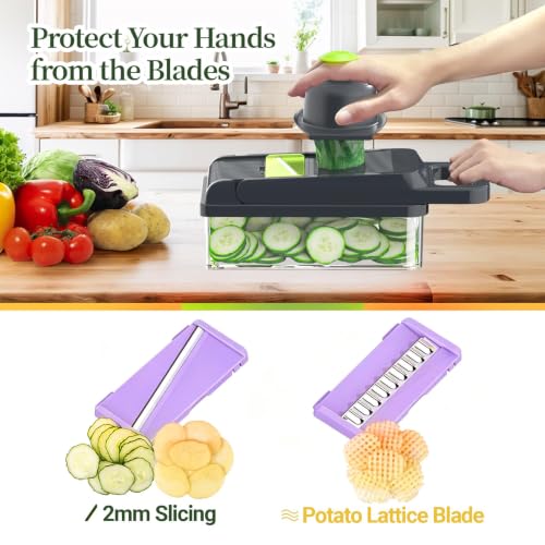 12-in-1 Vegetable Chopper 7 Blades, Veggie Cutter with Handle, Black/Purple