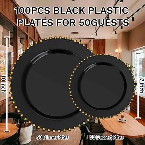 100pcs Black Plastic Plates with Gold Beads for Wedding Party (100 Count)