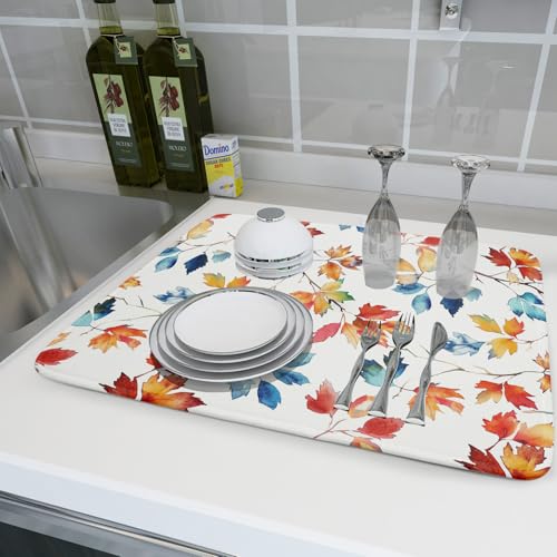 Autumn Leaf Dish Drying Mat Large Fall Colorful Leaves Absorbent Dish Drain Mats for Kitchen Counter