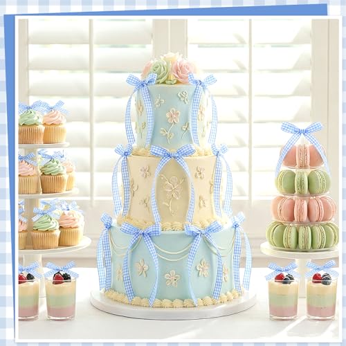 30 Pack Bow Cake Toppers Blue Gingham Ribbon Bows for Cake (30 Count)