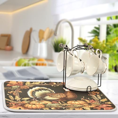 Thanksgiving Turkey Pumpkin Dish Drying Mat for Kitchen Counter Absorbent Microfiber Drying Pad