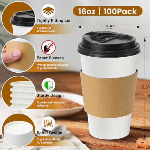 100 Pack 16 oz Disposable Coffee Cups With Lids and Sleeves (100 Count)