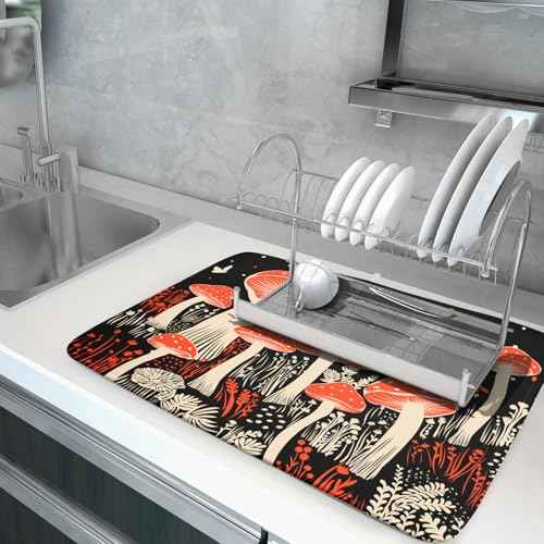 Red Mushroon Dish Drying Mat for Kitchen Counter Black Microfiber Absorbent Dish Pad 24 x 18 in