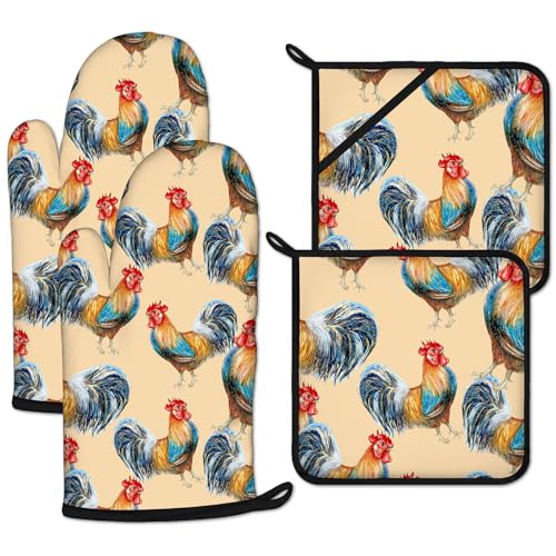 Watercolor Rooster Oven Mitts and Pot Holders Sets Heat Resistant 4Pcs Potholders Oven Gloves Hot Pads for Kitchen Baking Cooking Grilling BBQ (4 Count)