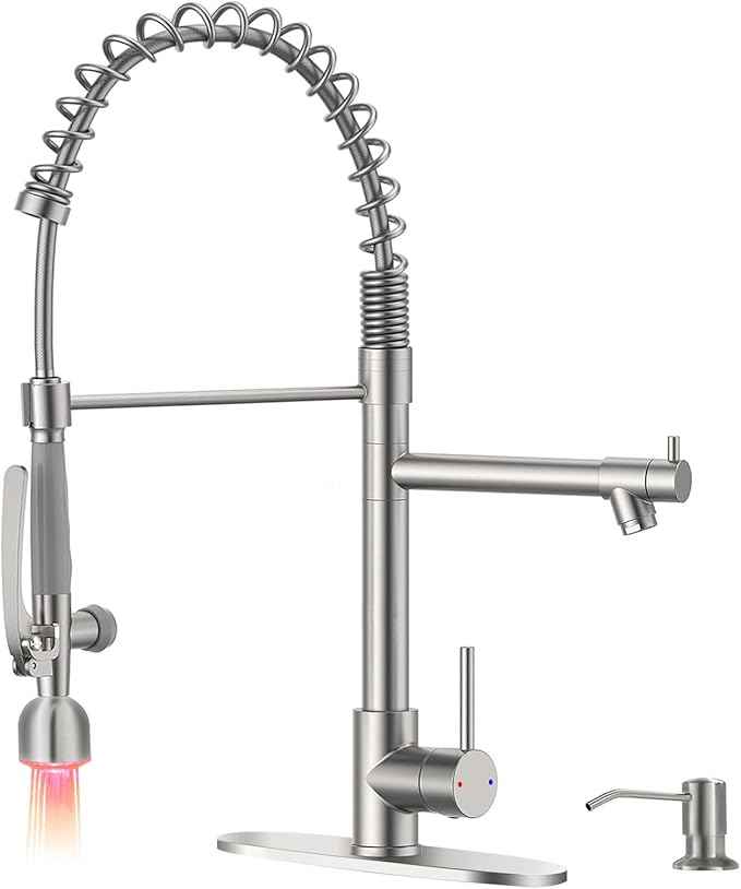 Fapully Commercial Kitchen Faucets with Pull Down Sprayer Brushed Nickel LED Single Handle Faucet for Kitchen Sink, Kitchen Faucet with Soap Dispenser and Deck Plack for 4 Hole