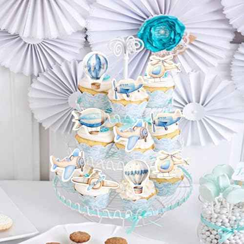 40Pcs Edible Watercolor Blue Airplanes Cupcake Toppers Edible Cartoon Hot Air Balloon Helicopter Cupcake Picks for Blue Boys Birthday Cupcake Decorations Airplane Baby Shower Cake Decorations (40 Count)