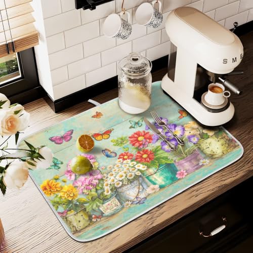 Spring Floral Butterfly Rustic Dish Drying Mat for Kitchen Counter Absorbent Microfiber Small Drying Pad Dish mats for Kitchen Countertops 16 x 18 Inch