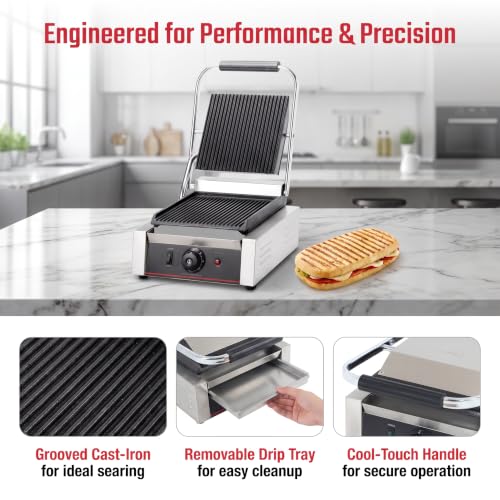 Commercial Panini Press With Grooved Grill Sandwich Maker Machine Electric Contact Grill Single