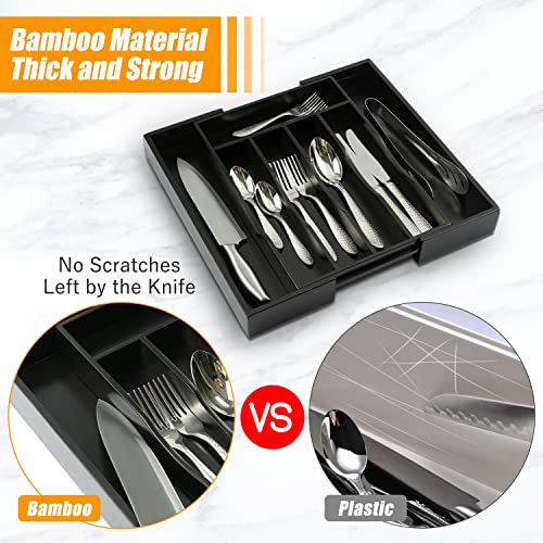 Black Silverware Organizer Kitchen Drawer Organizer Expandable Bamboo Utensil Holder Cutlery Tray for Kitchen Utensil and Flatware Bedroom Office
