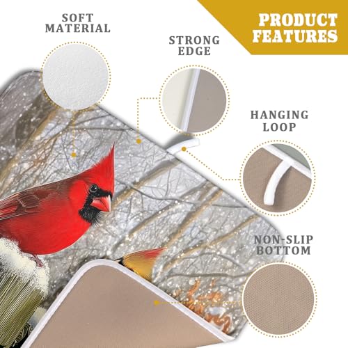 Winter Birds Dish Drying Mat Red Berry Dish Drainer Rack Mat Microfiber Absorbent Dish Drying Pad for Kitchen Counter Coffee Bar 16x18 Inch
