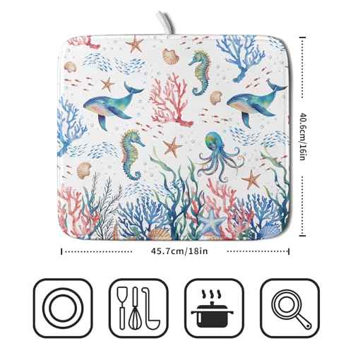 Coastal Ocean Dish Drying Mat Seahorse Whales Drainer Rack Mats 16"x18" Absorbent Microfiber Dish Drying Pad Protector for Kitchen Counter