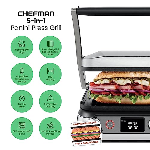 5-in-1 Digital Panini Press Grill Sandwich Maker and Griddle Grill Combo with Removable, Reversible Dishwasher-Safe Grilling Plates, Opens 180° for Indoor BBQ /Flat Top Grill, Stainless steel