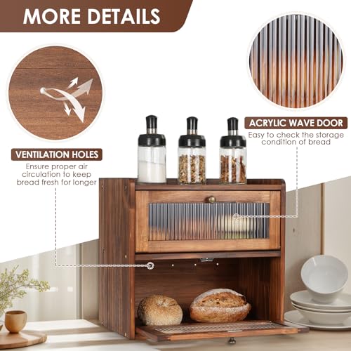 Bread Box for Kitchen Countertop Wooden Bread Storage Container Bin 2 Layer Breadbox Holder Large Capacity Keeper Vintage Farmhouse Food Organizer Pantry Shelf Acrylic Window
