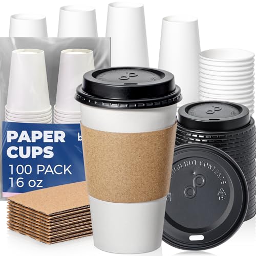 16 oz 100 Pack To Go Coffee Cups with Lids and Sleeves (100 Count)