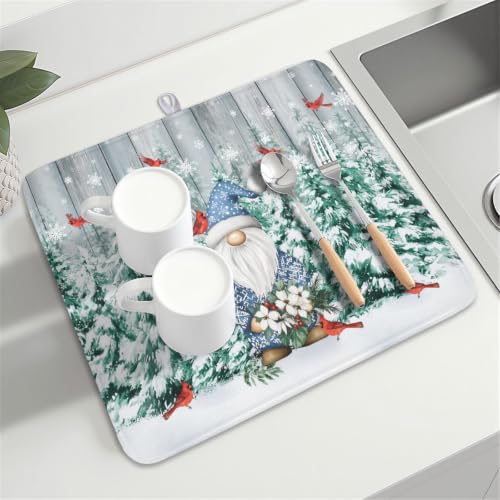 Winter Gnome Dish Drying Mat Pine Tree Dishes Pad 16"x18" Microfiber Absorbent Fast Dry Drainer Rack Mats Protector for Kitchen Countertop