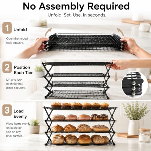 4 Tier Collapsible Cooling Rack with Adjustable 3 Setting Design Stackable Drying Wire Cooling Rack for Cooking and Baking