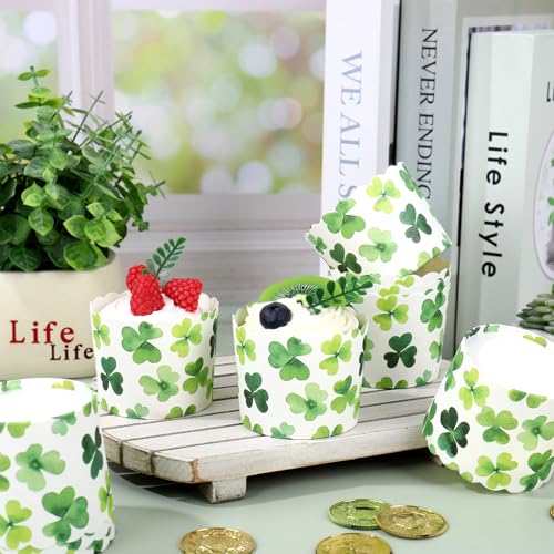 100Pcs St. Patrick's Day Paper Baking Cups Cupcake Wrappers Watercolor Green Shamrock Clover Scalloped Edge Cupcake Muffin Cases for Irish Dessert Decoration (100 Count)