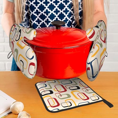 Mid Century Modern Retro Oven Mitts and Pot Holders Sets of 3 Vintage Decorative Heat Resistant Non Slip BBQ Gloves for Cooking Grilling Baking Kitchen Decor (3 Count)