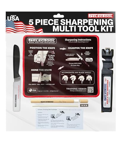 5-in-1 Knife Sharpening System - Knife Maintenance Kit with Knife Sharpener Tool, Honing Rod, Training Knife, Replacement Blade & Mat for Kitchen Knives, Scissors & Outdoor Tools (5 Count)