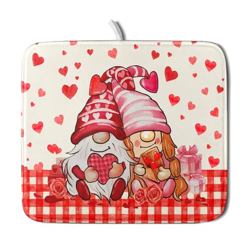 Love Gnome Dish Drying Mat 16"x18" Red Heart Microfiber Dish Drainer Rack Mat Holiday Absorbent Dishes Pad for Kitchen Counter Sink Decor