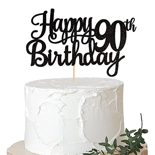 1 PCS Happy 90th Birthday Cake Topper Glitter Cheers to 90 Years Birthday Cake Pick 90 Fabulous Cake Decoration for Happy 90th Birthday Theme Party Decorations Supplies Black