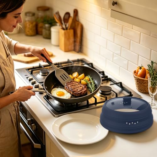 2 Pack Microwave Splatter Cover Glass Guard Lid with Collapsible Silicone for Food Pot Plate 8.5 inch and 9.8 inch Dark Blue (2 Count)