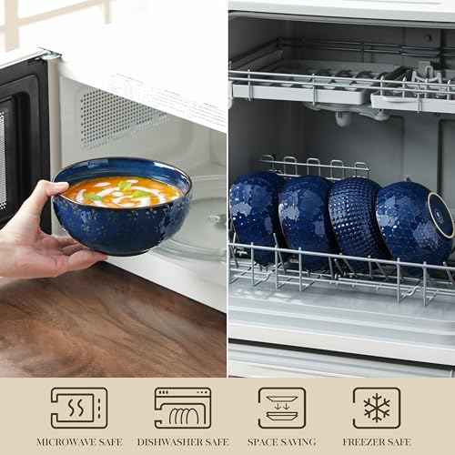 Cereal Bowls 30 Ounce Ceramic Blue Soup Bowl for Kitchen (4 Count)