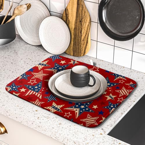4th of July Dish Drying Mat for Kitchen Counter Patriotic Red Absorbent Dishes Dryer Pad