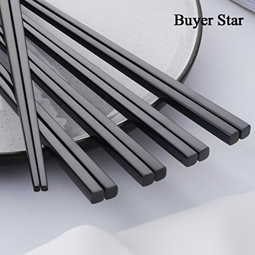 5 Pair Stainless Steel Black Metal Reusable Chinese Square Chopsticks