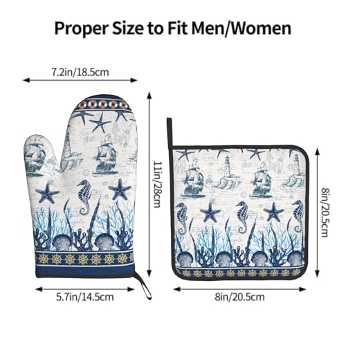 Nautical Sailboat Oven Mitts and Pot Holder Set of 2 Ocean Starfish Heat Resistant Oven Glove Washable Potholder for Kitchen Cooking Baking