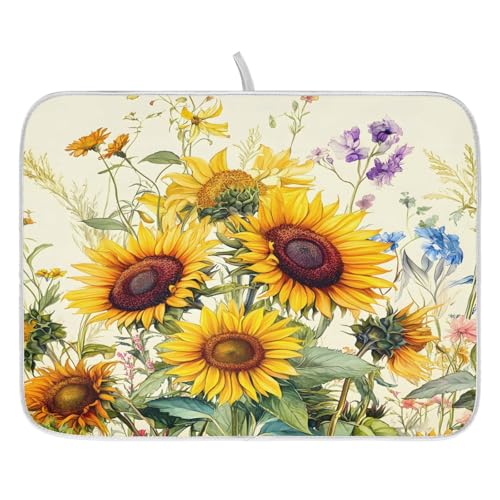 Blooming Sunflowers Dish Drying Mat for Kitchen Counter Absorbent Microfiber Small Drying Pad Dish Mats for Kitchen Countertops 16 x 18 Inch