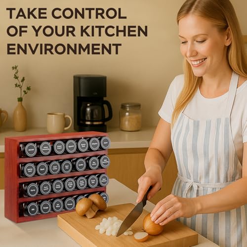 Bamboo Spice Rack Organizer with 28 Glass Spice Jars 4 oz Set Cherry Stain (28 Count)