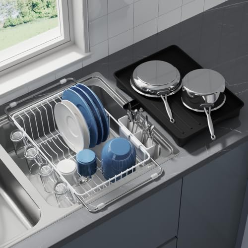White Dish Drying Rack in Sink with Drainboard and Utensil Holder