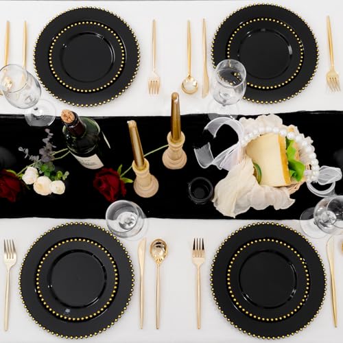 100pcs Black Plastic Plates with Gold Beads for Wedding Party (100 Count)